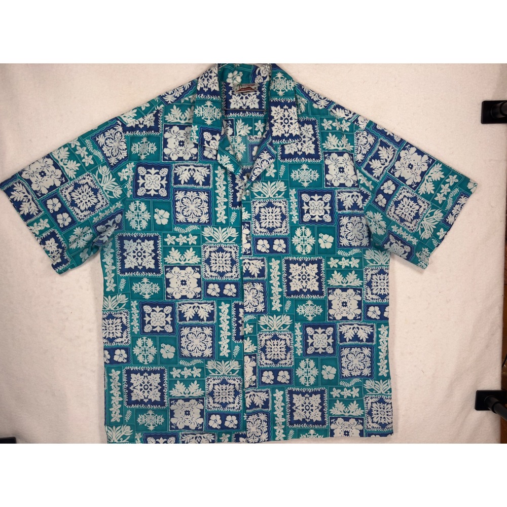 Evergreen Island Hawaiian Shirt Mens 2XL Teal Blue Floral Block Print Made in HI